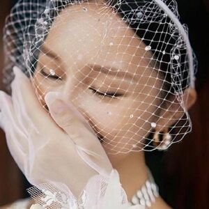 Elegant White Bridal Veil with Pearls headband cage veil